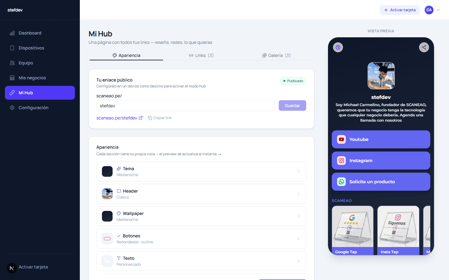 Editor de apariencia de Mi Hub — tema, header, wallpaper, botones y texto personalizables